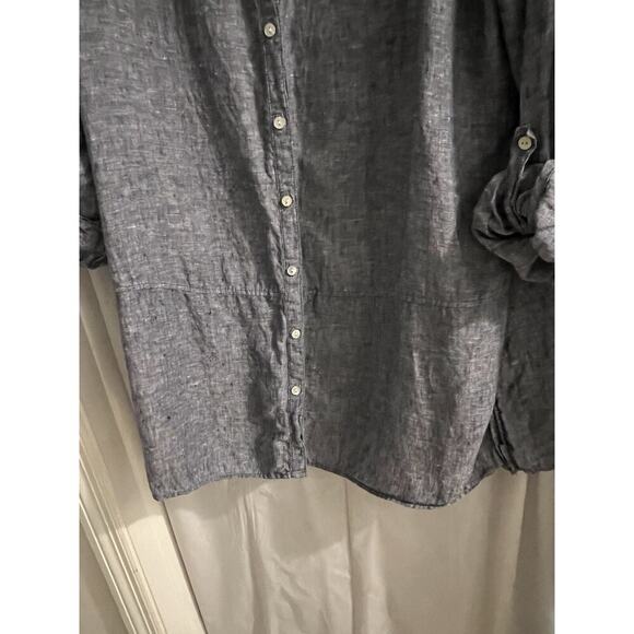 Tahari Blue Drop Waist Linen Button Down Tunic Top Sz L Side Slits - Picture 2 of 7